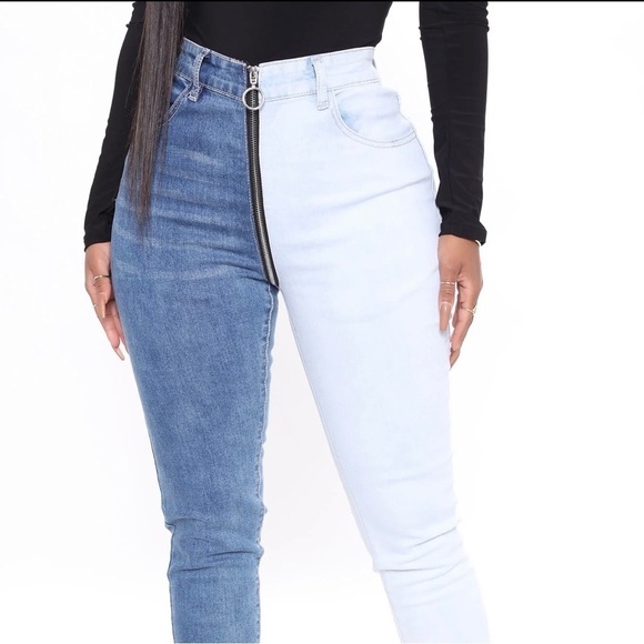 Fashion Nova Change The Panel Two Tone Skinny Jeans - Blue/Combo Full Zip Fly - Picture 4 of 15